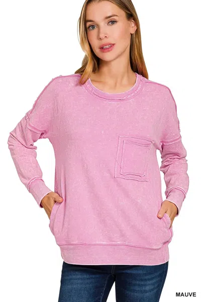 Truedames French Terry Washed Raw Edge Front Pocket Pullover In Pink