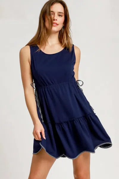 Truedames Frill Drawstring Waist Round Neck Mini Tank Dress In Blue