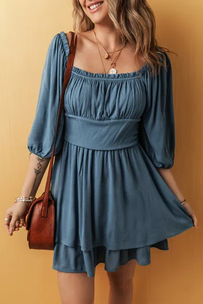 Truedames Frilled Neckline 3/4 Sleeve Laye Ruched Mini Dress In Multi