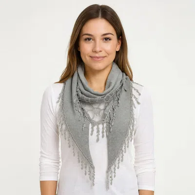 Truedames Fringe Detail Triangle Lace Scarf In Gray