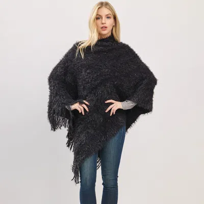 Truedames Fringe Hem Fuzzy Knit Poncho In Black