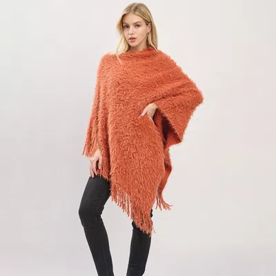 Truedames Fringe Hem Fuzzy Knit Poncho In Orange
