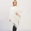 Truedames Fringe Hem Fuzzy Knit Poncho In White