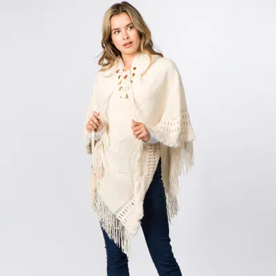 Truedames Fringe Hem Lace Up Hooded Knit Poncho In Neutral