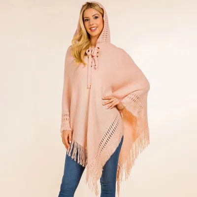Truedames Fringe Hem Lace Up Hooded Knit Poncho In Pink