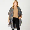 Truedames Fringe Hem Plaid Pattern Open Front Kimono Poncho In Gray