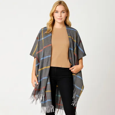 Truedames Fringe Hem Plaid Pattern Open Front Kimono Poncho In Gray