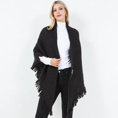 Truedames Fringe Knit Open Front Shawl Wrap Poncho In Black
