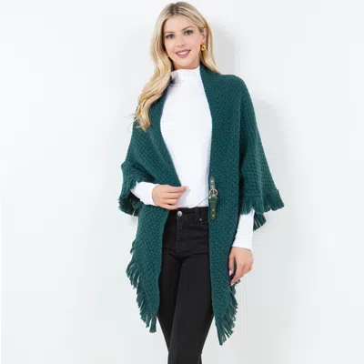 Truedames Fringe Knit Open Front Shawl Wrap Poncho In Green