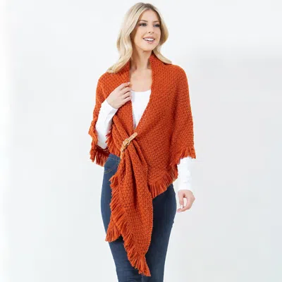 Truedames Fringe Knit Open Front Shawl Wrap Poncho In Orange