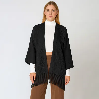 Truedames Fringe Trim Crochet Draped Shawl Wrap Cardigan In Black