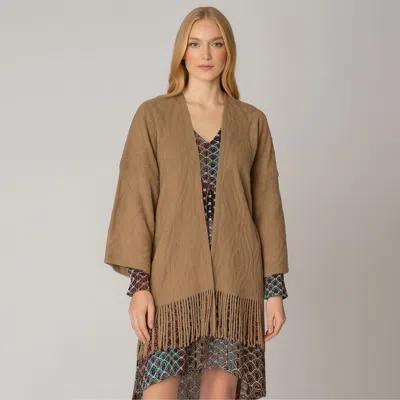 Truedames Fringe Trim Crochet Draped Shawl Wrap Cardigan In Gray