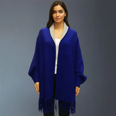 Truedames Fringe Trim Shawl Poncho In Blue