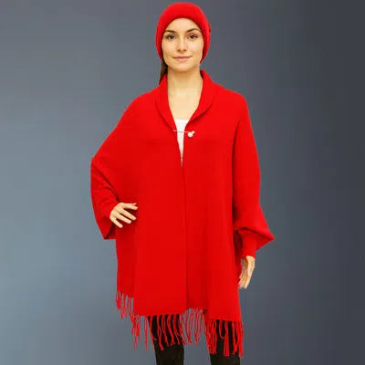 Truedames Fringe Trim Shawl Poncho In Red
