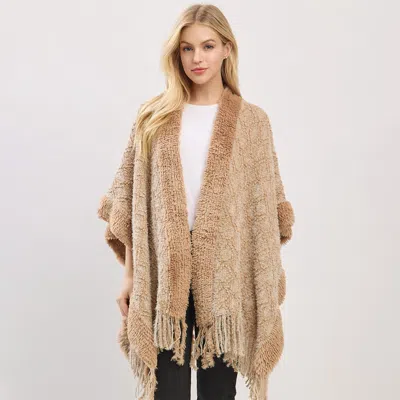 Truedames Fringe Trim Textured Poncho Wrap In Beige