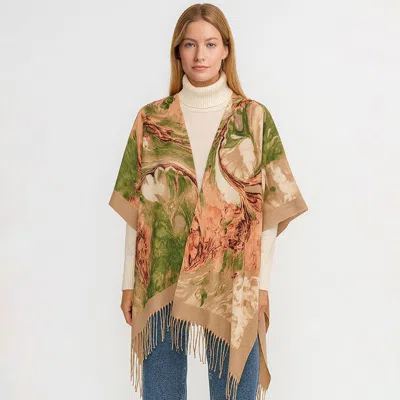 Truedames Fringe Trip Mixe Abstract Swirl Print Kimono Wrap Poncho In Multi