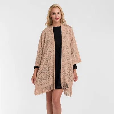 Truedames Fringed Crochet Sweater Cardigan In Beige