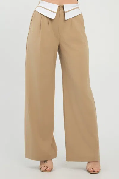 Truedames Front Button Fold-over Inside Zipper Pants In Brown