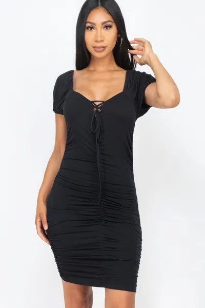 Truedames Front Lace Up Ruched Mini Dress In Black