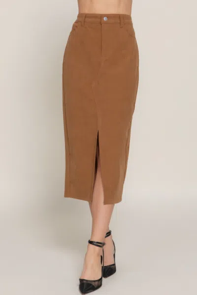 Truedames Front Open Slit Corduroy Midi Skirt In Brown