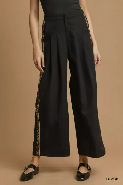 Truedames Front Pleated Wide-leg Pants With Contrast Trim In Black