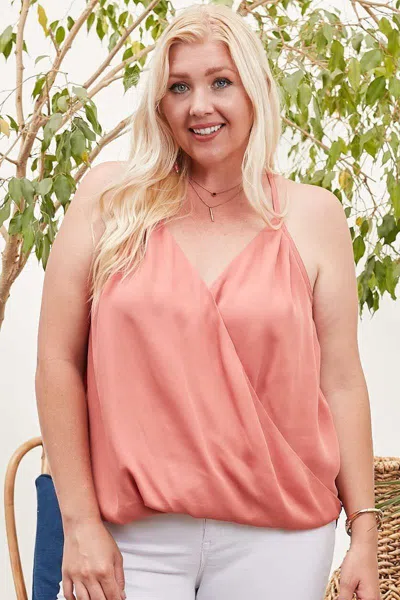 Truedames Front Surplice Pleats Back Shirring Solid Cami Top In Brown