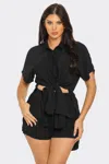 Truedames Front Tie Back Oversized Slit Top And Shorts Set In Black