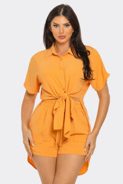 Truedames Front Tie Back Oversized Slit Top And Shorts Set In Orange