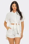 Truedames Front Tie Back Oversized Slit Top And Shorts Set In White