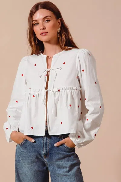 Truedames Front Tie Heart Embroidered Blouse With Puff Sleeve In White