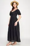 Truedames Front Tie Puff Sleeve Tired Maxi Dress In Black