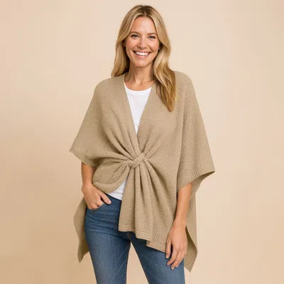 Truedames Front Tie Textured Knit Wrap Shawl Poncho In Beige