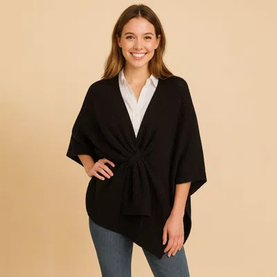 Truedames Front Tie Textured Knit Wrap Shawl Poncho In Black