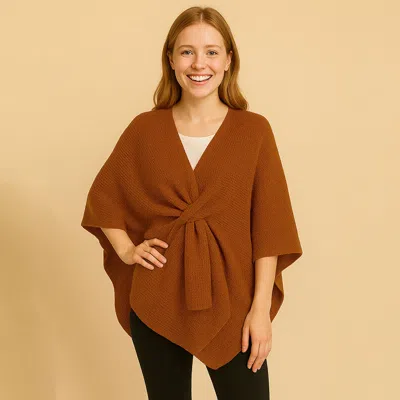 Truedames Front Tie Textured Knit Wrap Shawl Poncho In Brown