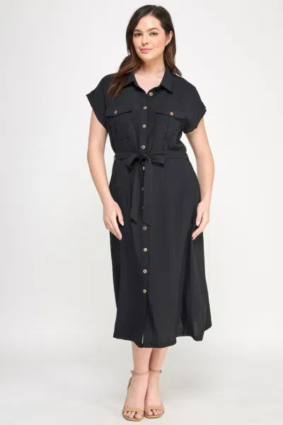 Truedames Front Tied Buttoned Short Sleeve Dress In Black