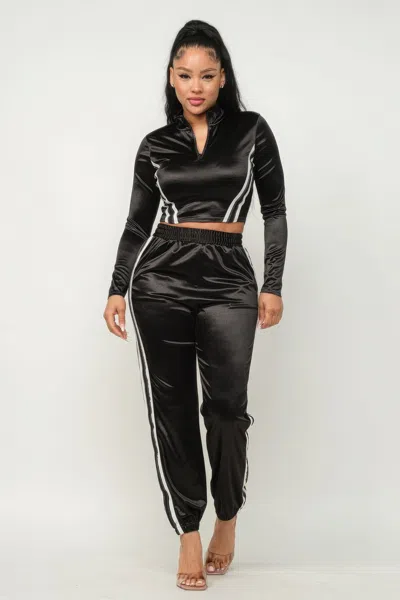 Truedames Front Zip Up Stripes Detail Jacket And Pants Set In Black