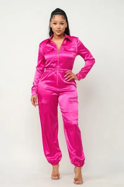 Truedames Front Zipper Pockets Top And Pants Jumpsuit In Pink