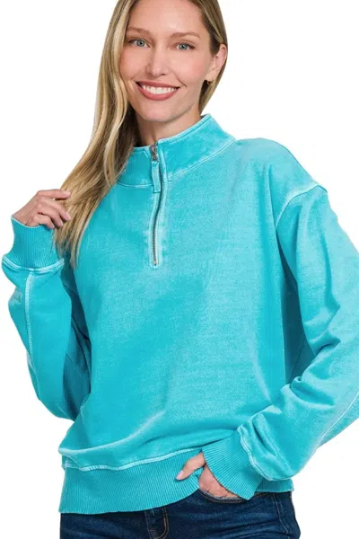 Truedames F/terry Pigment Dye & Enzyme Washing Half Zip Top In Blue