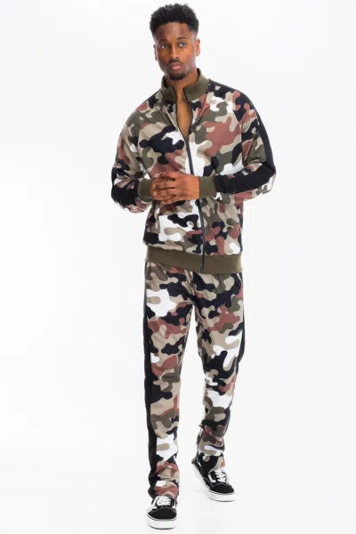 Truedames Full Camo With Stripe Track Bottom Pants In Brown