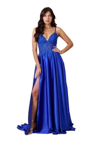 Truedames Full-length Chiffon Lace Illusion Formal Gown Prom Dress In Blue