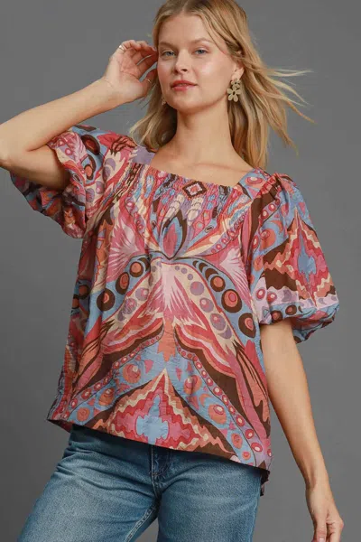 Truedames Full Size Abstract Print Smocked Square Neck Puff Sleeve Blouse In Multi