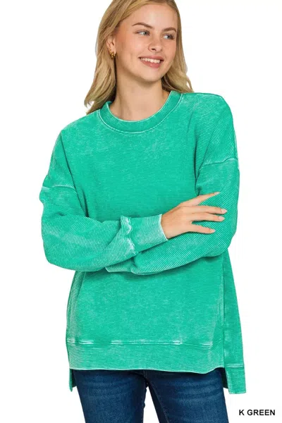 Truedames Full Size Acid Washed Double Ribbed Hi-low Sweatshirt Plus Size In Green
