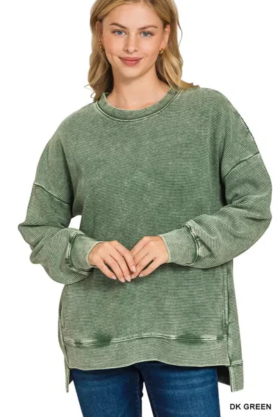 Truedames Full Size Acid Washed Double Ribbed Hi-low Sweatshirt Plus Size In Green