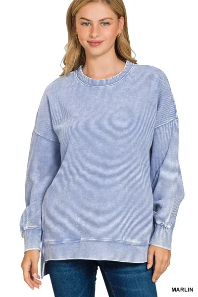 Truedames Full Size Acid Washed Double Ribbed Hi-low Sweatshirt Plus Size In Blue