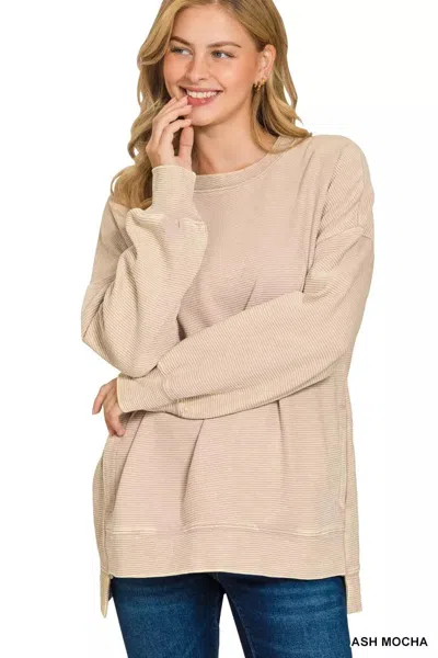 Truedames Full Size Acid Washed Double Ribbed Hi-low Sweatshirt Plus Size In Neutral