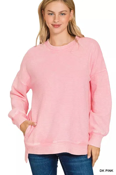 Truedames Full Size Acid Washed Double Ribbed Hi-low Sweatshirt Plus Size In Pink