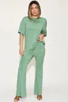 Truedames Full Size Bamboo Drop Shoulder T-shirt And Flare Pants Set In Green