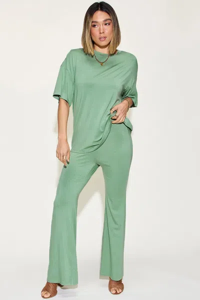 Truedames Full Size Bamboo Drop Shoulder T-shirt And Flare Pants Set In Green