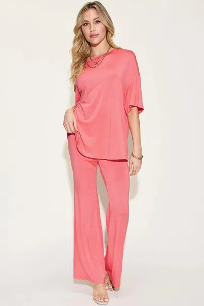 Truedames Full Size Bamboo Drop Shoulder T-shirt And Flare Pants Set In Pink