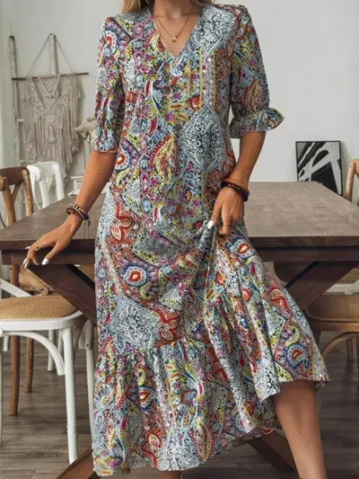 Truedames Full Size Bohemian Paisley Print V-neck Midi Dress Plus Size In Multi
